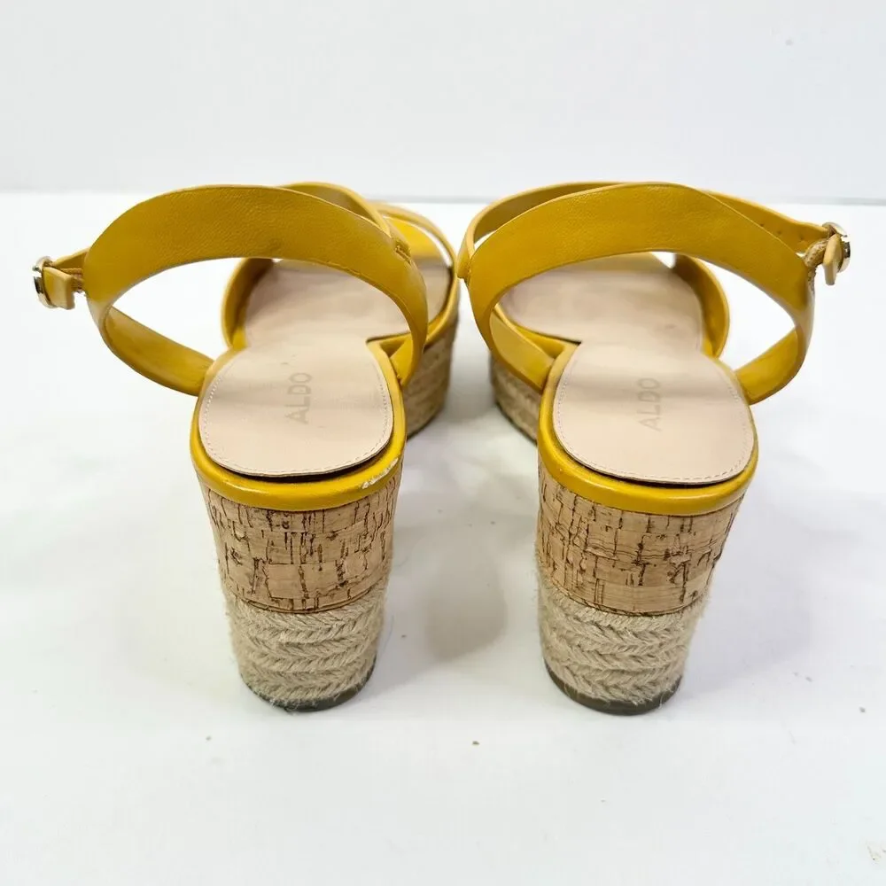 Aldo Sandals Women 9 Yellow Cork Platform Wedge Shoe Ankle Strap Festival Boho
